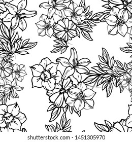 Abstract seamless pattern with plants, herbs and flowers