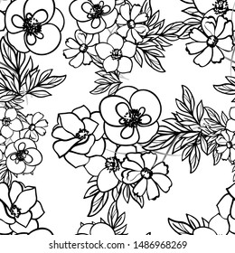 Abstract seamless pattern with plants, herbs and flowers