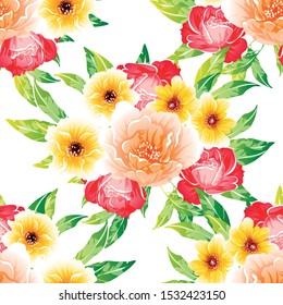 Abstract seamless pattern with plants, herbs and flowers, colorful botanical illustration.