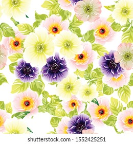 Abstract seamless pattern with plants, herbs and flowers, colorful botanical illustration.