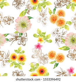 Abstract seamless pattern with plants, herbs and flowers