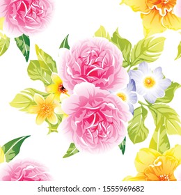 Abstract seamless pattern with plants, herbs and flowers, colorful botanical illustration.