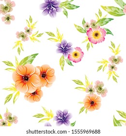 Abstract seamless pattern with plants, herbs and flowers, colorful botanical illustration.
