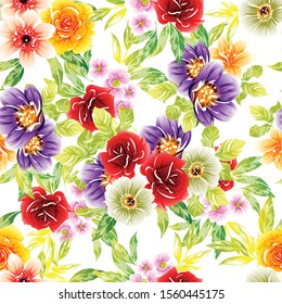 Abstract seamless pattern with plants, herbs and flowers, colorful botanical illustration.