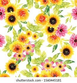 Abstract seamless pattern with plants, herbs and flowers, colorful botanical illustration.