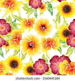 Abstract seamless pattern with plants, herbs and flowers, colorful botanical illustration.