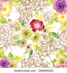 Abstract seamless pattern with plants, herbs and flowers, colorful botanical illustration.