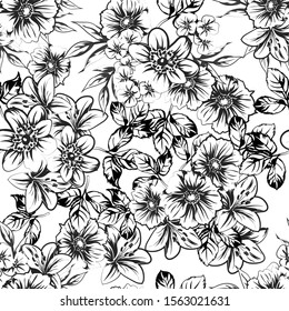 Abstract seamless pattern with plants, herbs and flowers, colorful botanical illustration.
