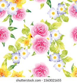 Abstract seamless pattern with plants, herbs and flowers, colorful botanical illustration.