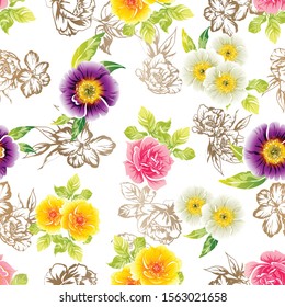 Abstract seamless pattern with plants, herbs and flowers, colorful botanical illustration.