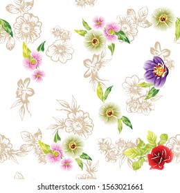 Abstract seamless pattern with plants, herbs and flowers, colorful botanical illustration.