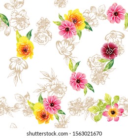 Abstract seamless pattern with plants, herbs and flowers, colorful botanical illustration.