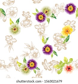 Abstract seamless pattern with plants, herbs and flowers, colorful botanical illustration.