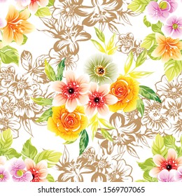 Abstract seamless pattern with plants, herbs and flowers