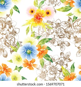 Abstract seamless pattern with plants, herbs and flowers