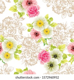 Abstract seamless pattern with plants, herbs and flowers