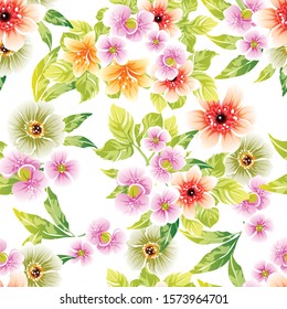 Abstract seamless pattern with plants, herbs and flowers, colorful botanical illustration.