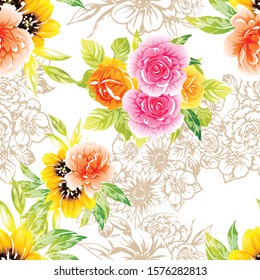 Abstract seamless pattern with plants, herbs and flowers