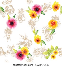 Abstract seamless pattern with plants, herbs and flowers