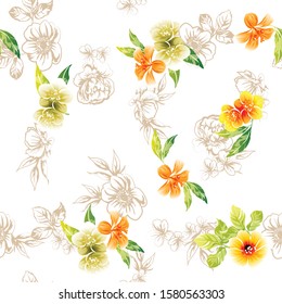 Abstract seamless pattern with plants, herbs and flowers