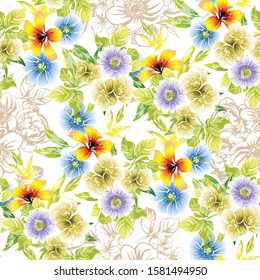 Abstract seamless pattern with plants, herbs and flowers