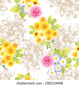 Abstract seamless pattern with plants, herbs and flowers