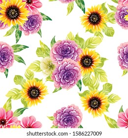 Abstract seamless pattern with plants, herbs and flowers, colorful botanical illustration.