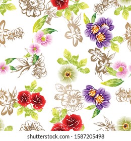 Abstract seamless pattern with plants, herbs and flowers