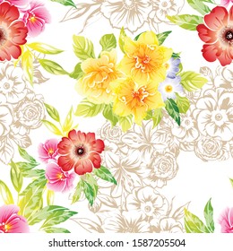 Abstract seamless pattern with plants, herbs and flowers