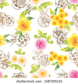 Abstract seamless pattern with plants, herbs and flowers