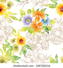 Abstract seamless pattern with plants, herbs and flowers