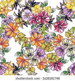 Abstract seamless pattern with plants, herbs and flowers