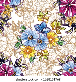 Abstract seamless pattern with plants, herbs and flowers