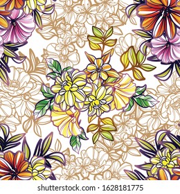 Abstract seamless pattern with plants, herbs and flowers