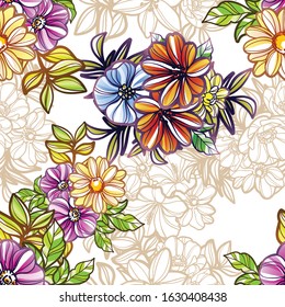 Abstract seamless pattern with plants, herbs and flowers