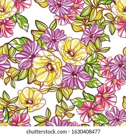 Abstract seamless pattern with plants, herbs and flowers