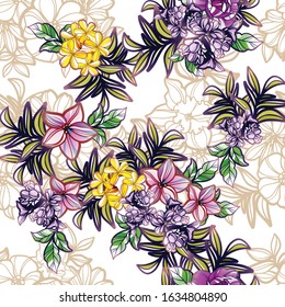 Abstract seamless pattern with plants, herbs and flowers, colorful botanical illustration.