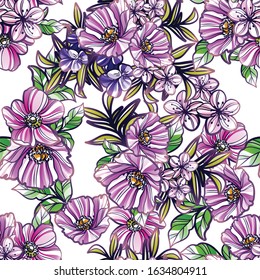 Abstract seamless pattern with plants, herbs and flowers, colorful botanical illustration.