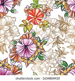 Abstract seamless pattern with plants, herbs and flowers, colorful botanical illustration.