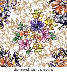 Abstract seamless pattern with plants, herbs and flowers, colorful botanical illustration.