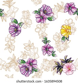 Abstract seamless pattern with plants, herbs and flowers