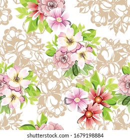 Abstract seamless pattern with plants, herbs and flowers