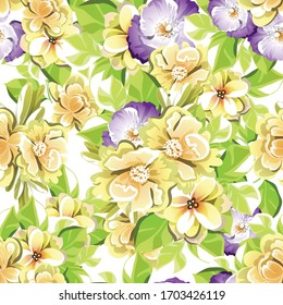 Patrón abstracto sin fisuras con plantas, hierbas y flores, ilustración botánica colorida.