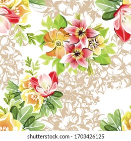 Abstract seamless pattern with plants, herbs and flowers, colorful botanical illustration.
