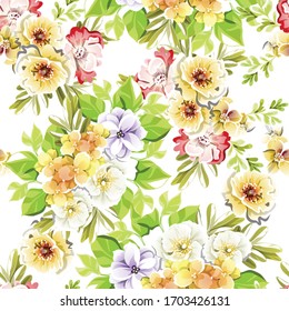 Abstract seamless pattern with plants, herbs and flowers, colorful botanical illustration.