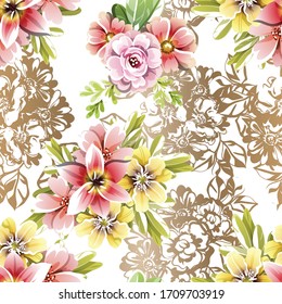 Abstract seamless pattern with plants, herbs and flowers