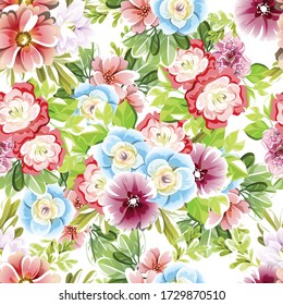 Abstract seamless pattern with plants, herbs and flowers,  botanical illustration.