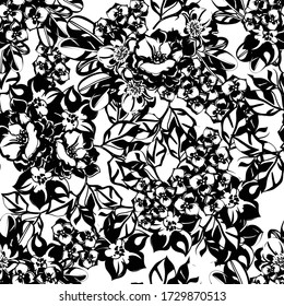 Abstract seamless pattern with plants, herbs and flowers,  botanical illustration.