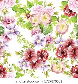 Abstract seamless pattern with plants, herbs and flowers,  botanical illustration.