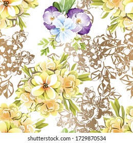 Abstract seamless pattern with plants, herbs and flowers,  botanical illustration.
